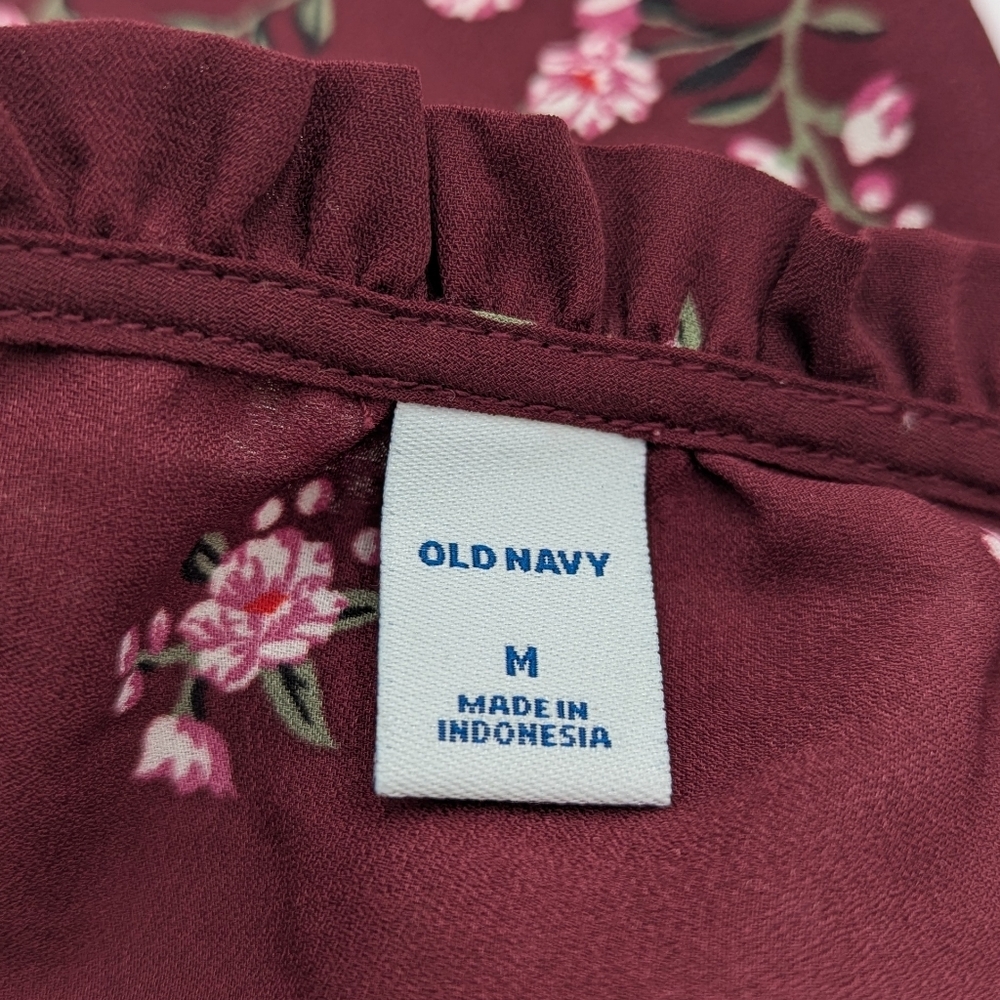Old Navy Floral Burgundy Blouse Medium Layered Short Sleeve Ruffle Neck Boho - Picture 3 of 9
